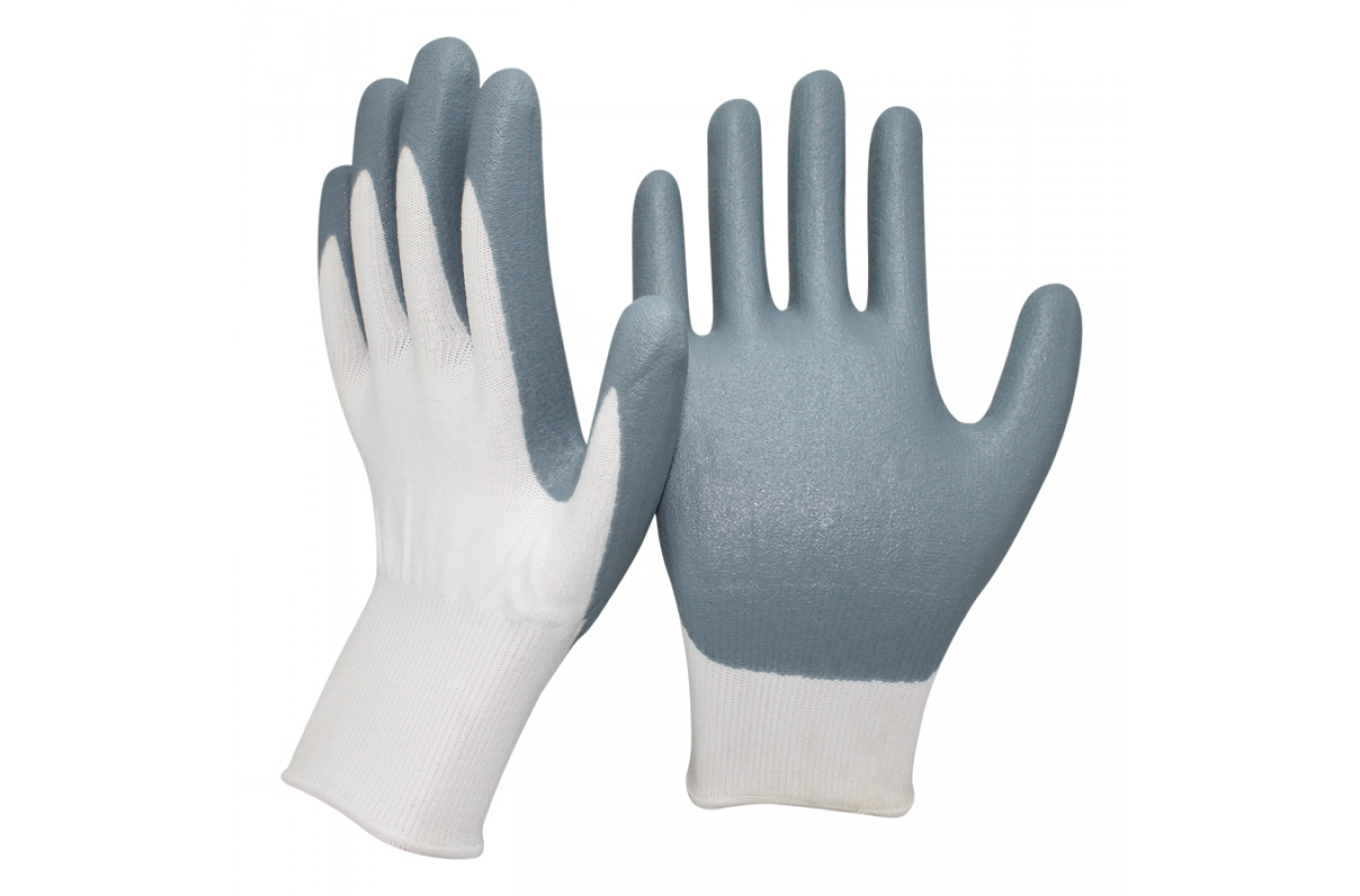 Перчатки нейлоновые со вспененным нитриловым покрытием, бело-серые